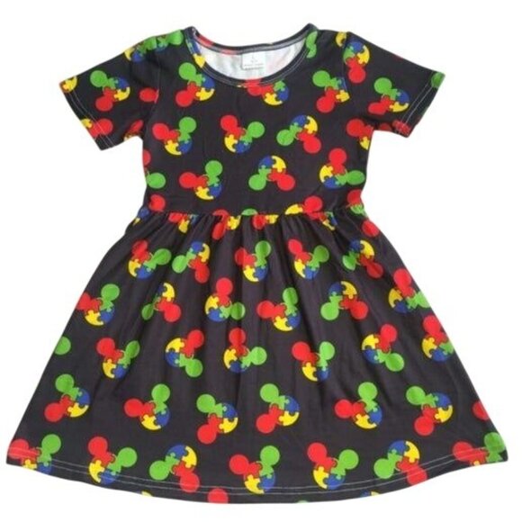 Mickey Mouse Themed Toddler Girls Dress Size 3T Black Short Sleeve Colorful Prin - Picture 1 of 1